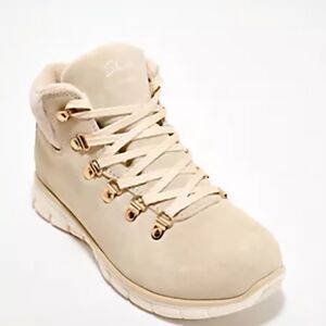 Skechers Women's Cream Lace-Up Suede Hiking Boot with Gold Hardware